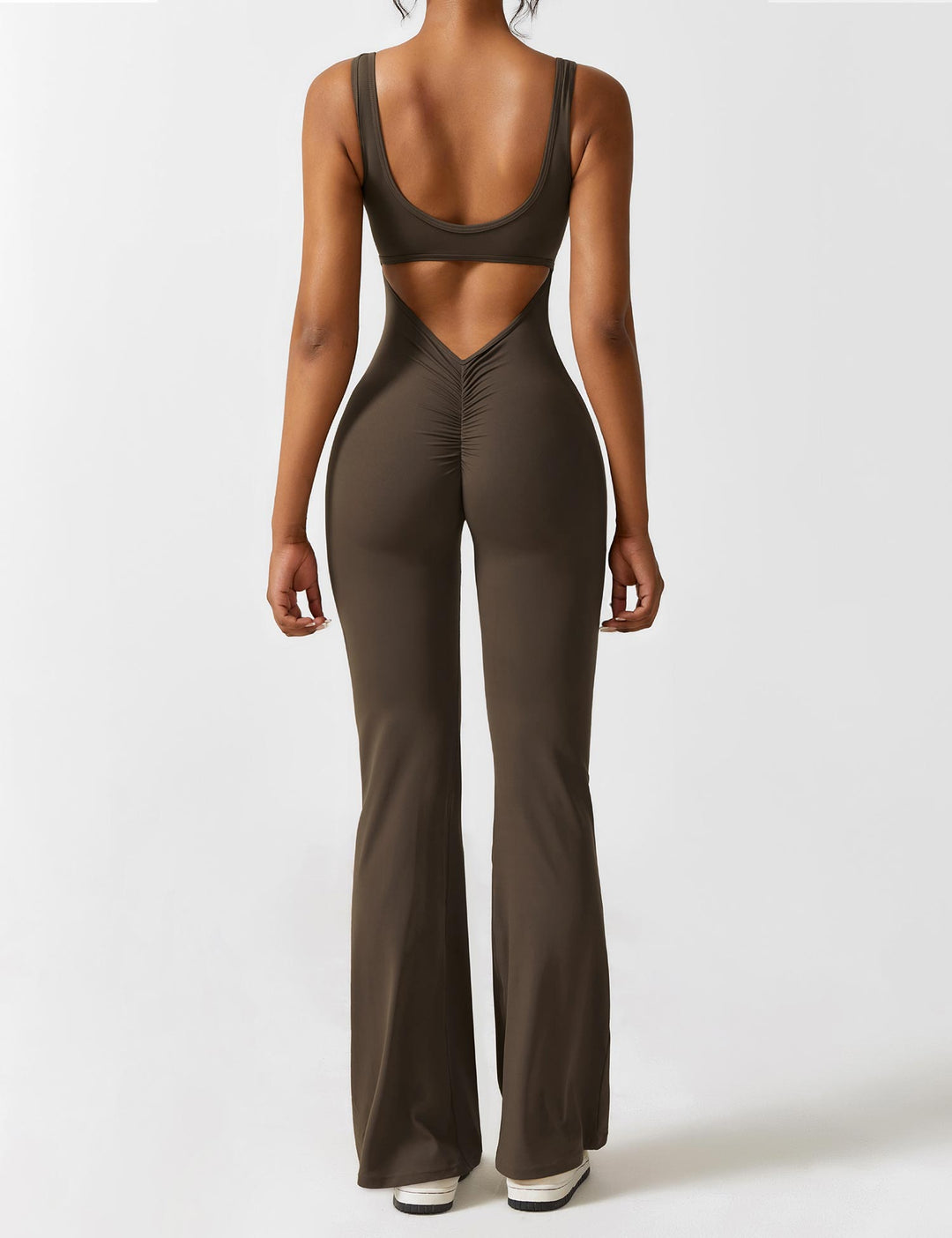 Jumpsuit V Neck Back Cutout Flared Leg Bodycon Fit Active Style