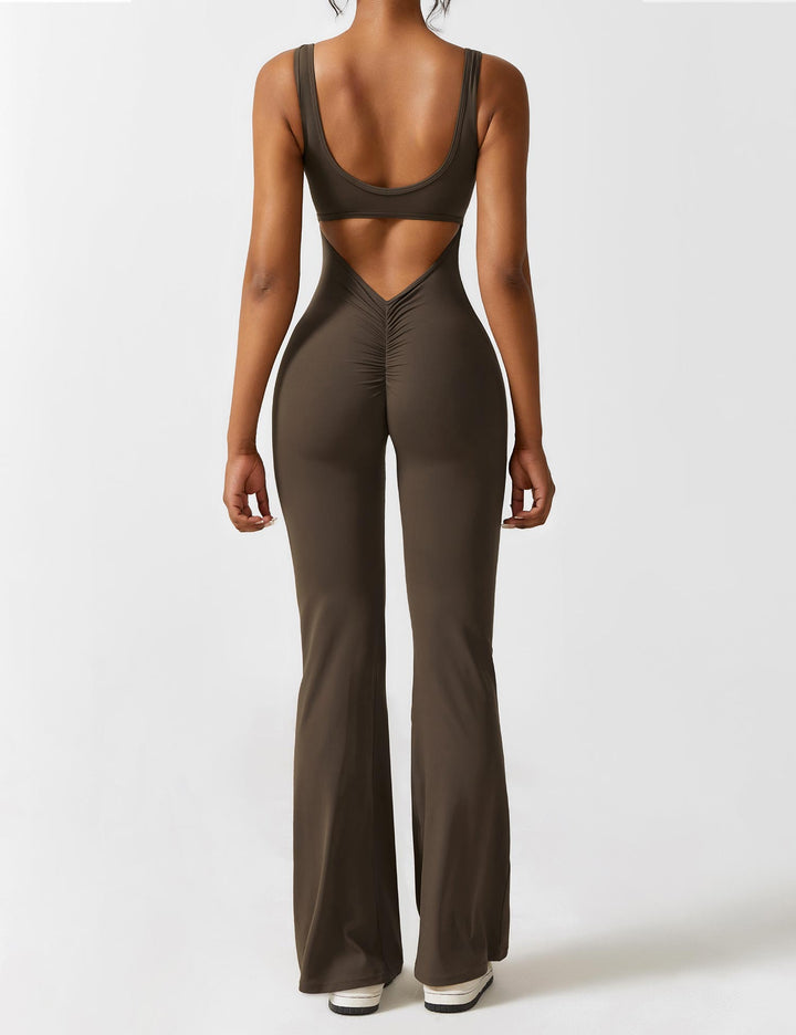 Jumpsuit V Neck Back Cutout Flared Leg Bodycon Fit Active Style