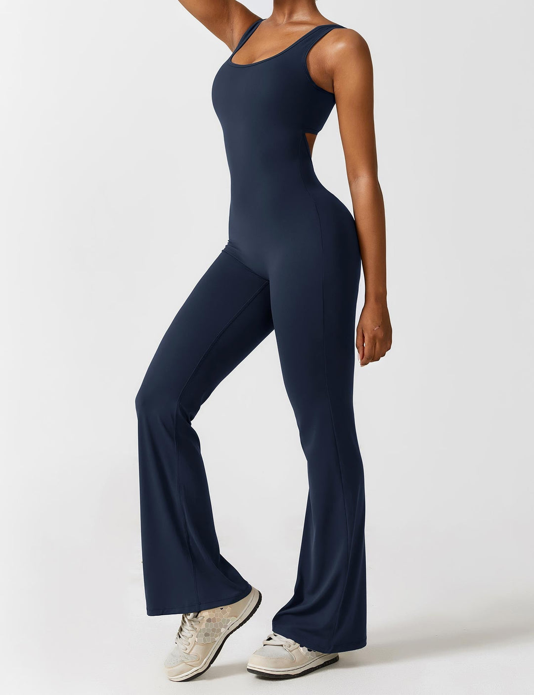 Jumpsuit V Neck Back Cutout Flared Leg Bodycon Fit Active Style