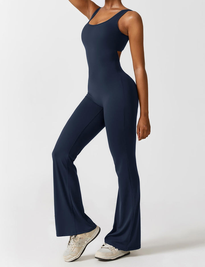 Jumpsuit V Neck Back Cutout Flared Leg Bodycon Fit Active Style