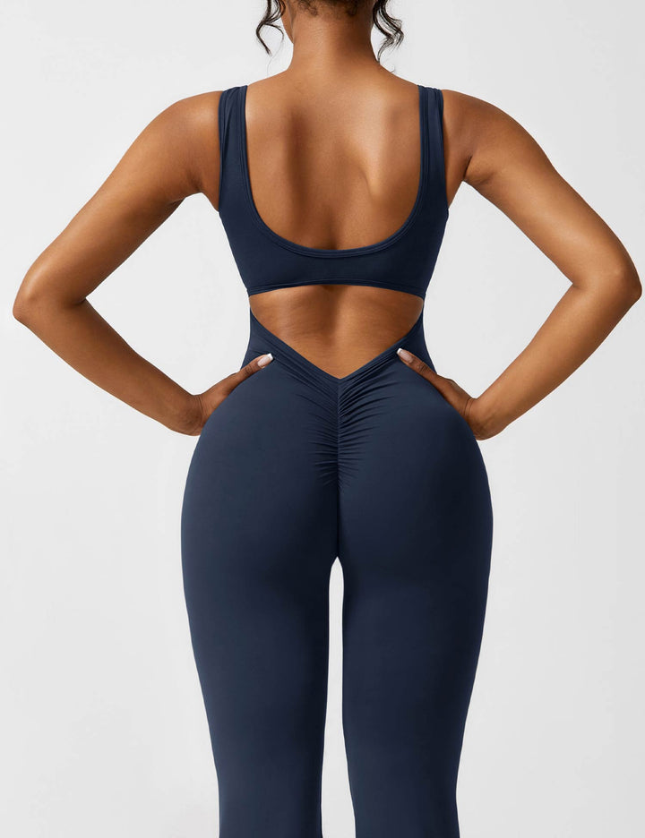 Jumpsuit V Neck Back Cutout Flared Leg Bodycon Fit Active Style