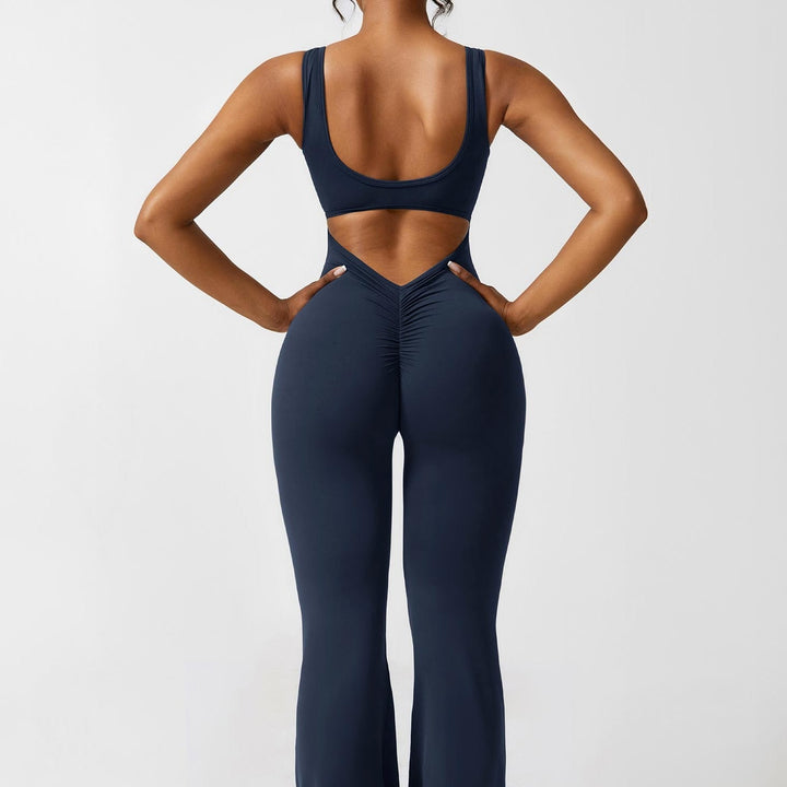 Jumpsuit V Neck Back Cutout Flared Leg Bodycon Fit Active Style