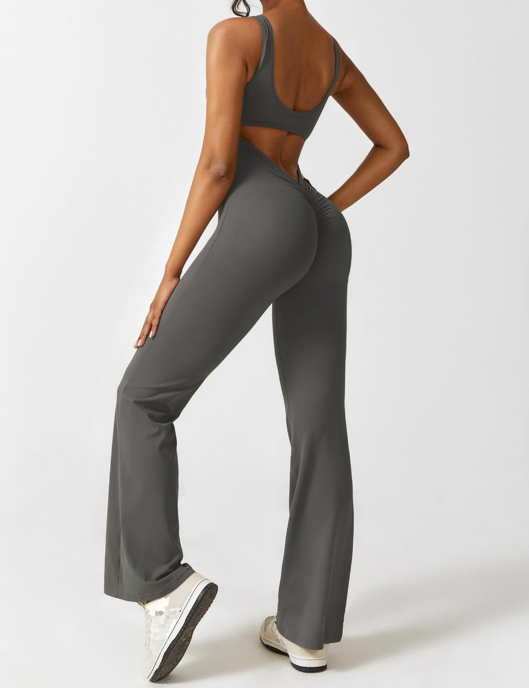 Jumpsuit V Neck Back Cutout Flared Leg Bodycon Fit Active Style