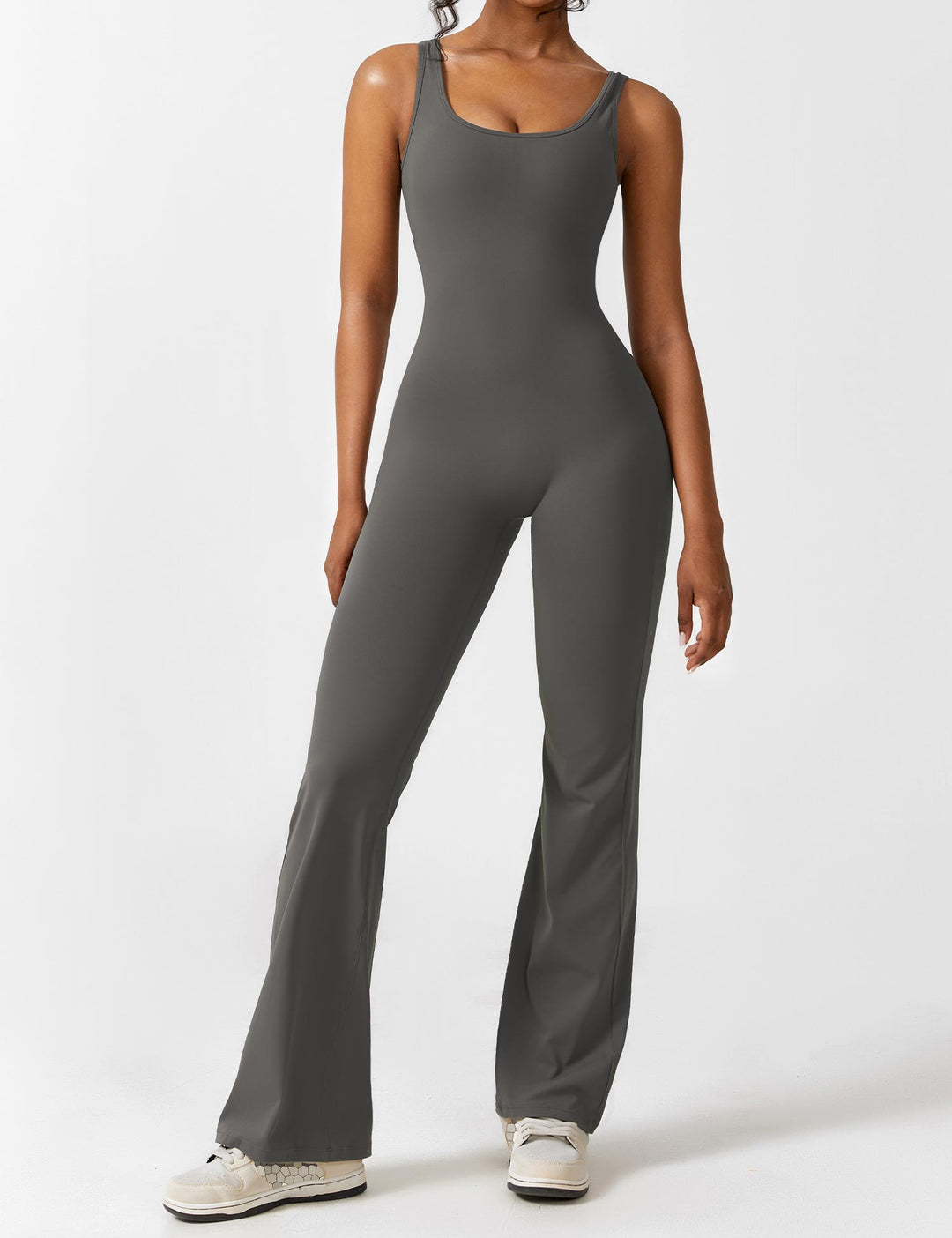 Jumpsuit V Neck Back Cutout Flared Leg Bodycon Fit Active Style