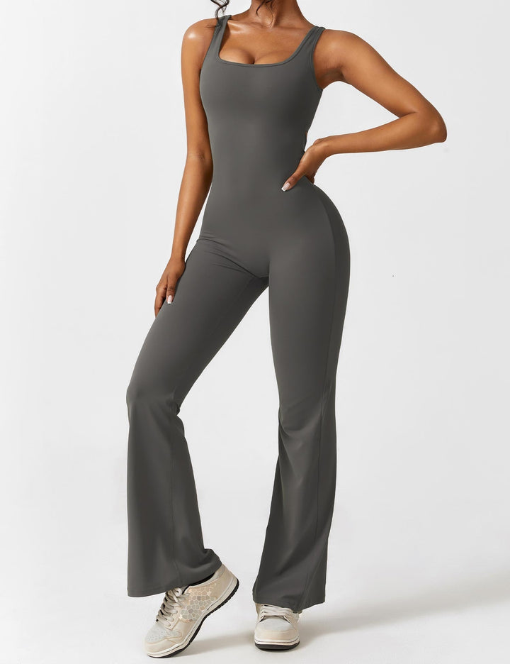 Jumpsuit V Neck Back Cutout Flared Leg Bodycon Fit Active Style