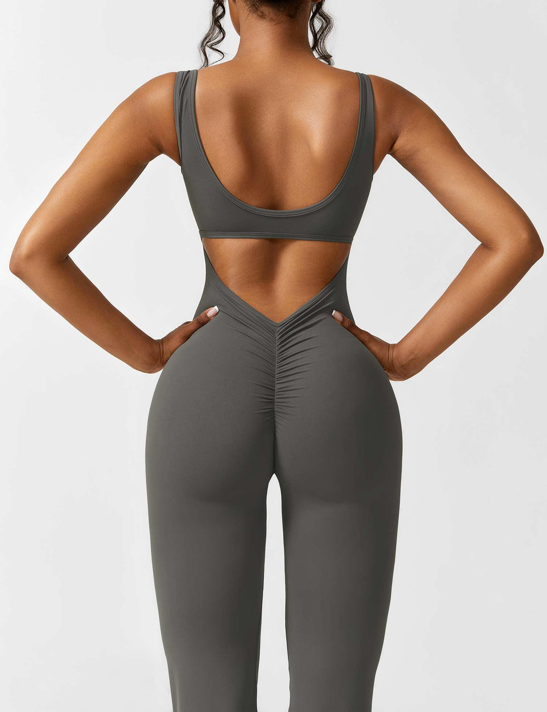 Jumpsuit V Neck Back Cutout Flared Leg Bodycon Fit Active Style