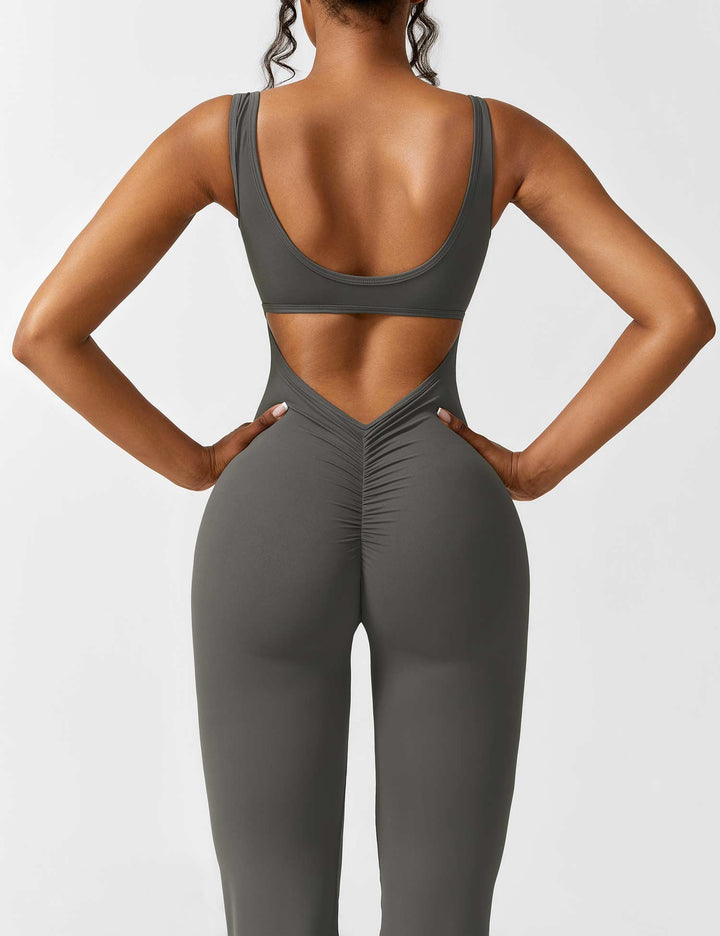 Jumpsuit V Neck Back Cutout Flared Leg Bodycon Fit Active Style