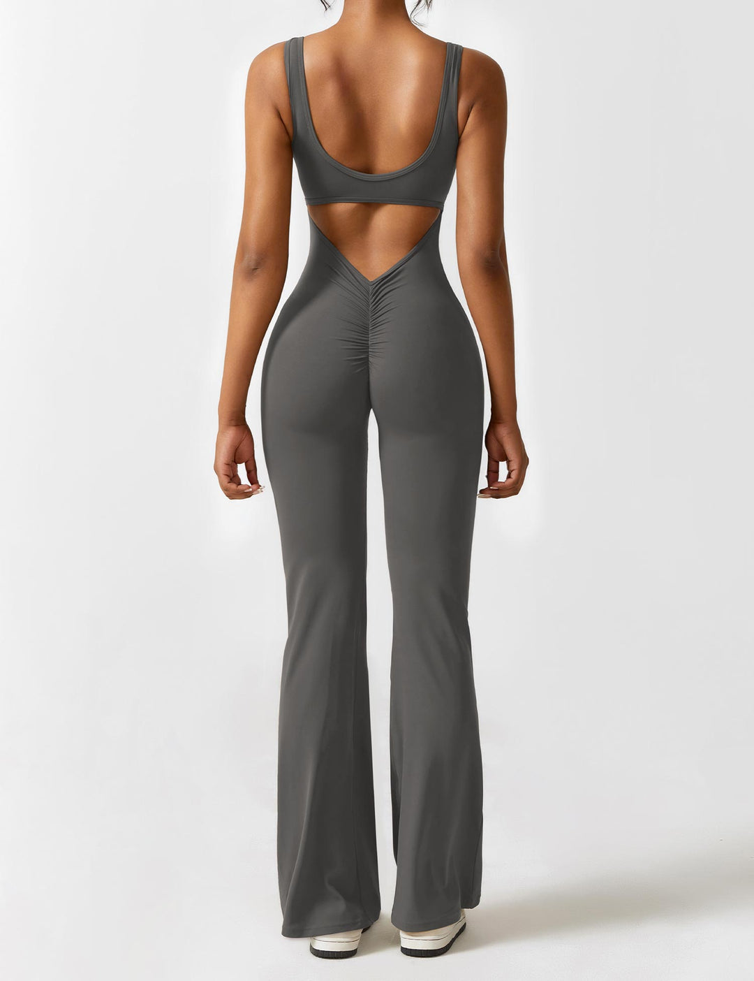 Jumpsuit V Neck Back Cutout Flared Leg Bodycon Fit Active Style