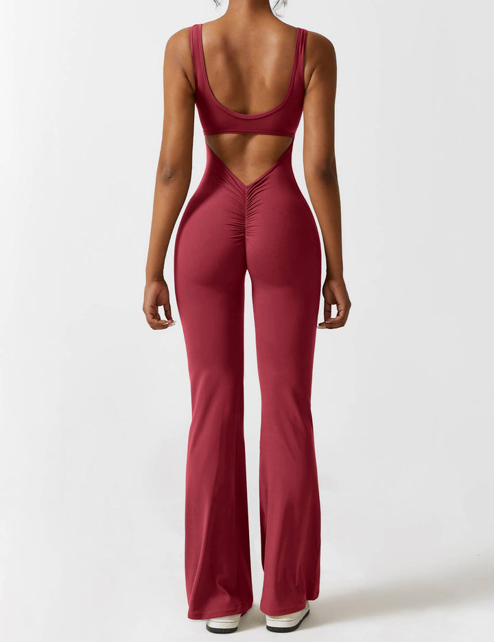 Jumpsuit V Neck Back Cutout Flared Leg Bodycon Fit Active Style