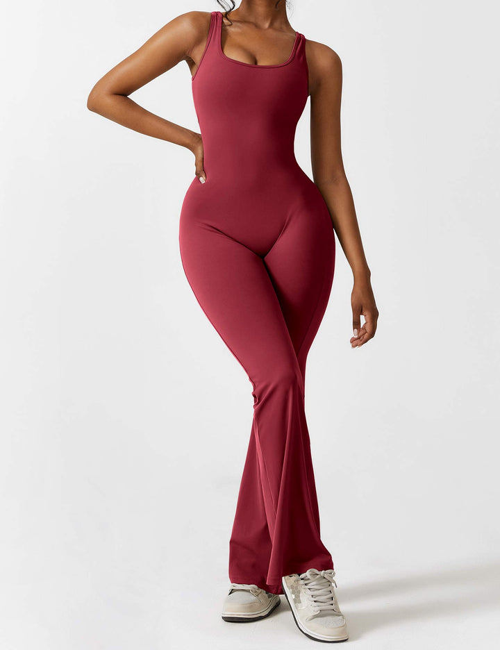 Jumpsuit V Neck Back Cutout Flared Leg Bodycon Fit Active Style