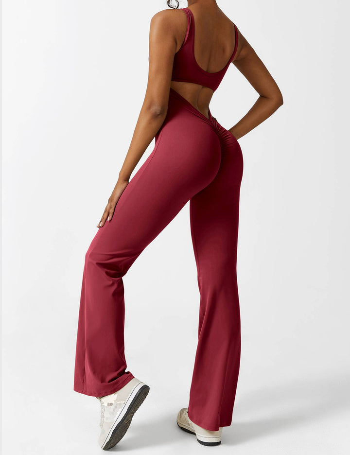 Jumpsuit V Neck Back Cutout Flared Leg Bodycon Fit Active Style