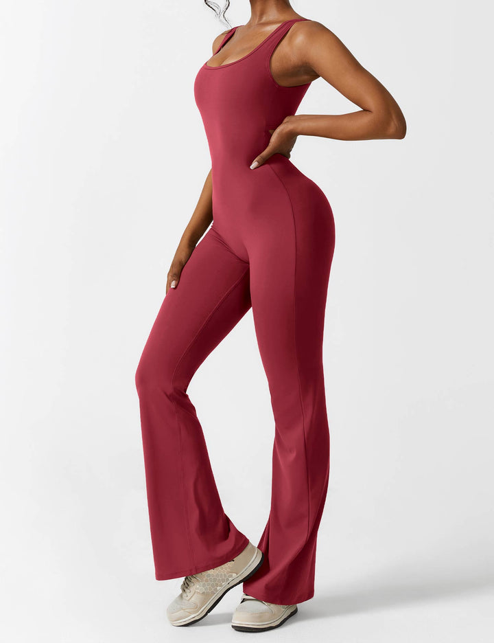Jumpsuit V Neck Back Cutout Flared Leg Bodycon Fit Active Style