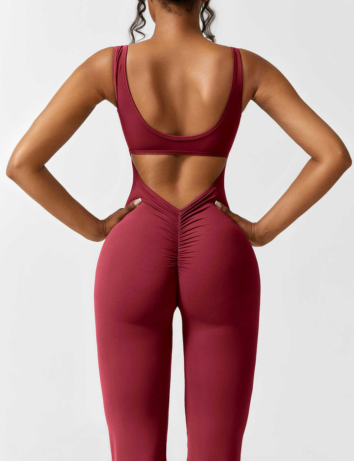 Jumpsuit V Neck Back Cutout Flared Leg Bodycon Fit Active Style