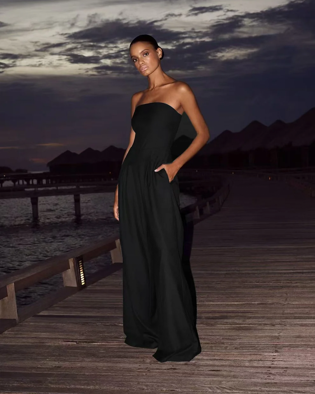 Strapless Jumpsuit Wide Leg Pockets Relaxed Fit Casual Style